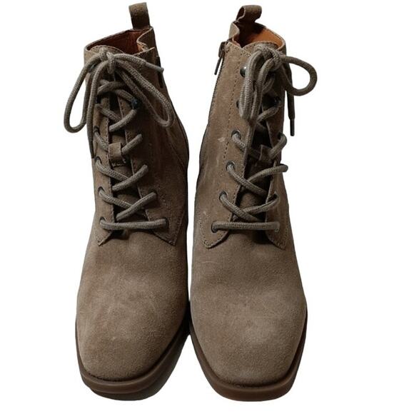 Lucky Brand Wadil Stone Taupe Suede Leather Lace up Combat Ankle Boots Booties - Picture 2 of 11